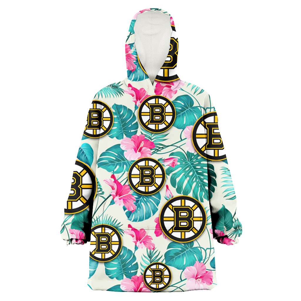 Boston Bruins Pink Hibiscus Green Leaf Beige Background 3D Printed Hoodie Blanket Snug Hoodie
