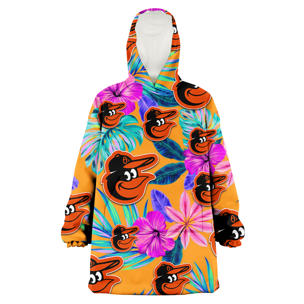 Baltimore Orioles Purple Hibiscus Neon Leaf Orange Background 3D Printed Hoodie Blanket Snug Hoodie