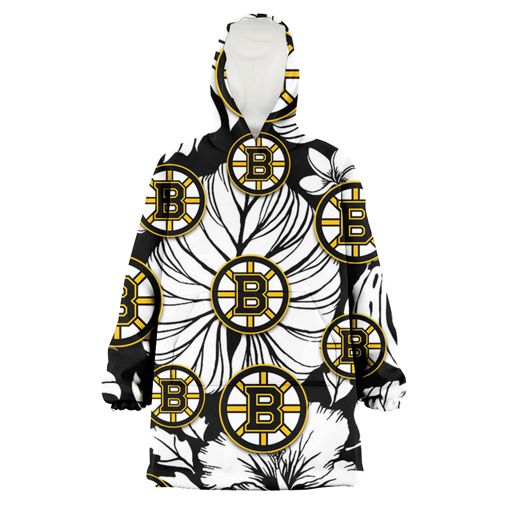 Boston Bruins White Hibiscus Porcelain Flower Palm Leaf Black 3D Printed Hoodie Blanket Snug Hoodie