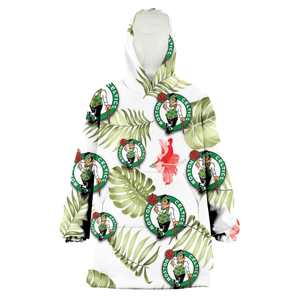 Boston Celtics Light Salmon Hibiscus Green Leaf White Background 3D Printed Hoodie Blanket Snug Hoodie
