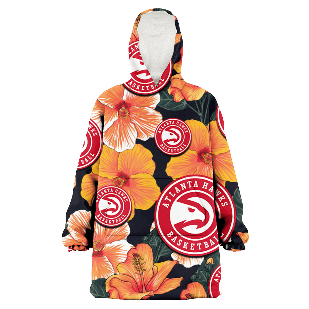Atlanta Hawks Orange Hibiscus Dark Green Leaf Black Background 3D Printed Hoodie Blanket Snug Hoodie