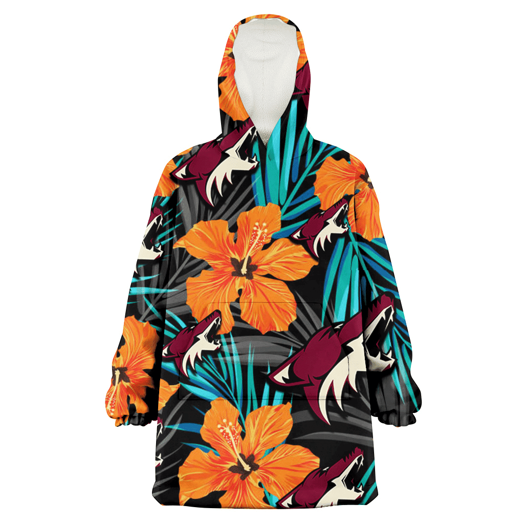 Arizona Coyotes Orange Hibiscus Blue Gray Leaf Black Background 3D Printed Hoodie Blanket Snug Hoodie