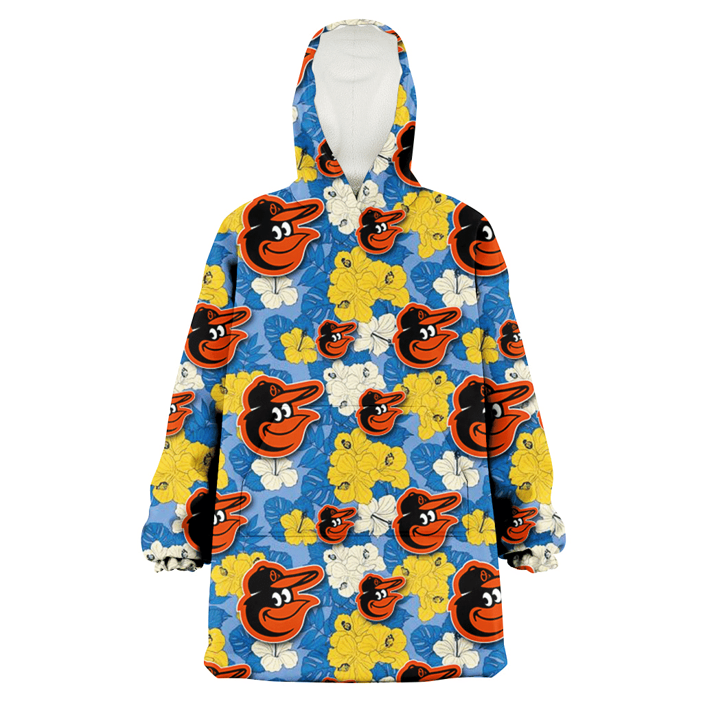 Baltimore Orioles Yellow White Hibiscus Powder Blue Background 3D Printed Hoodie Blanket Snug Hoodie