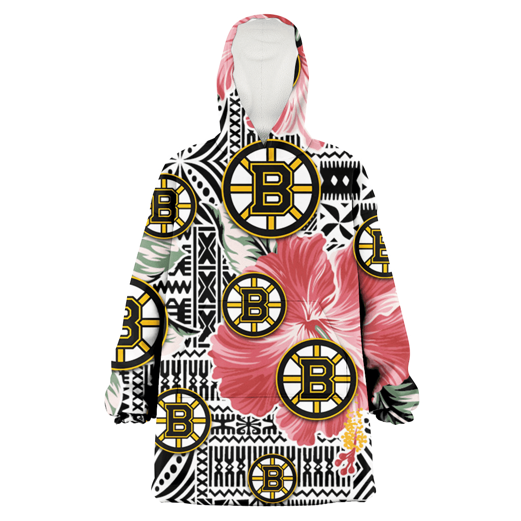 Boston Bruins Pink Hibiscus Black Pattern White Background 3D Printed Hoodie Blanket Snug Hoodie