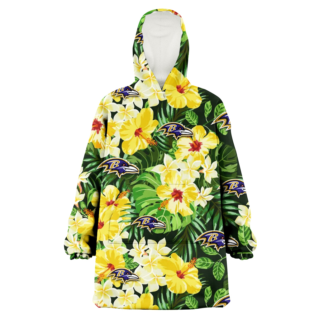 Baltimore Ravens Yellow Hibiscus Tropical Green Leaf Black Background 3D Printed Hoodie Blanket Snug Hoodie