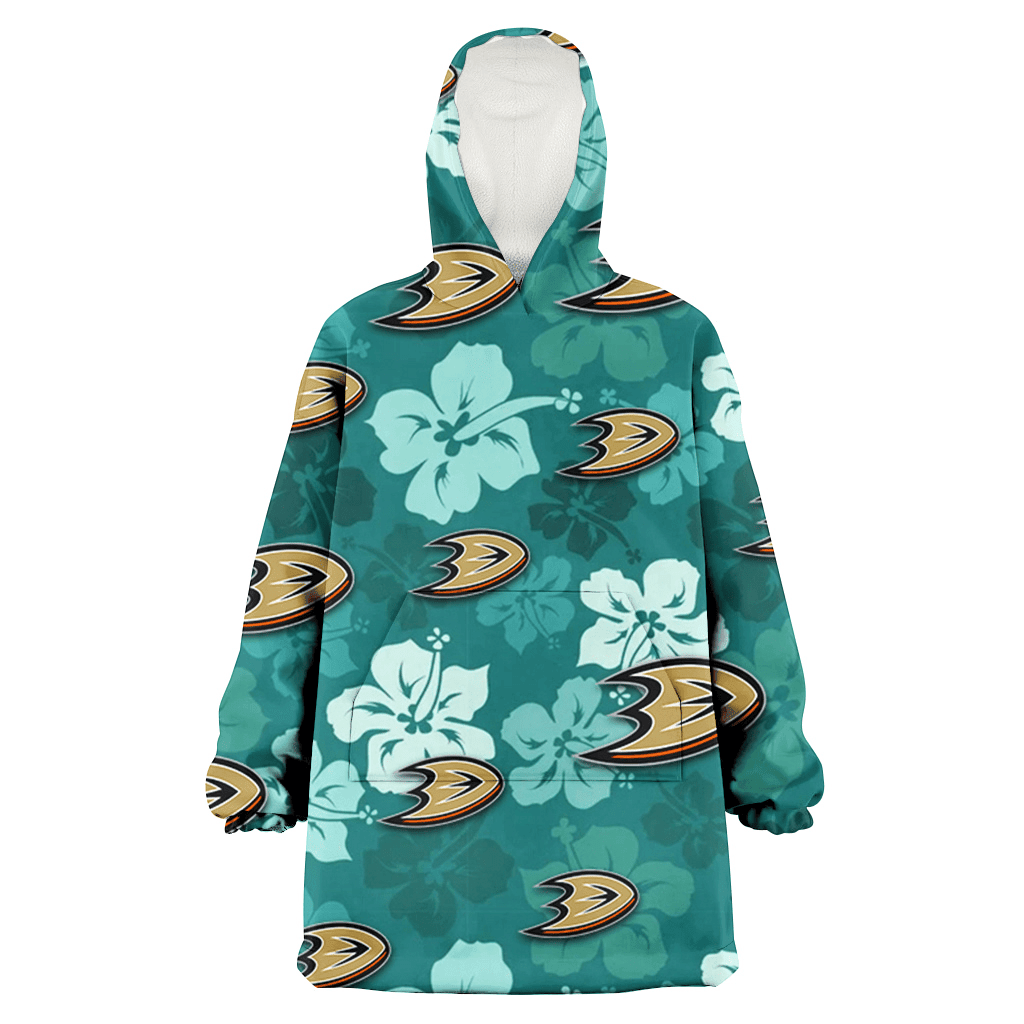 Anaheim Ducks Light Sea Green Hibiscus Green Background 3D Printed Hoodie Blanket Snug Hoodie
