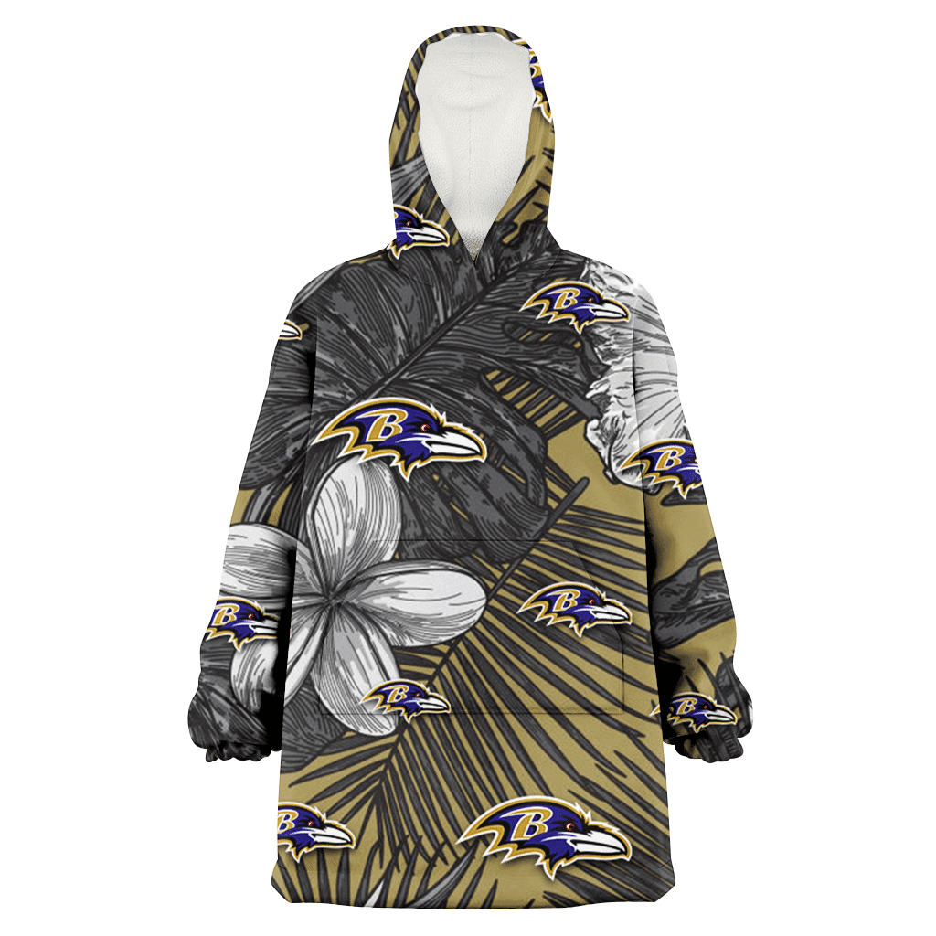 Baltimore Ravens Gray Sketch Hibiscus Yellow Palm Leaf Black Background 3D Printed Hoodie Blanket Snug Hoodie