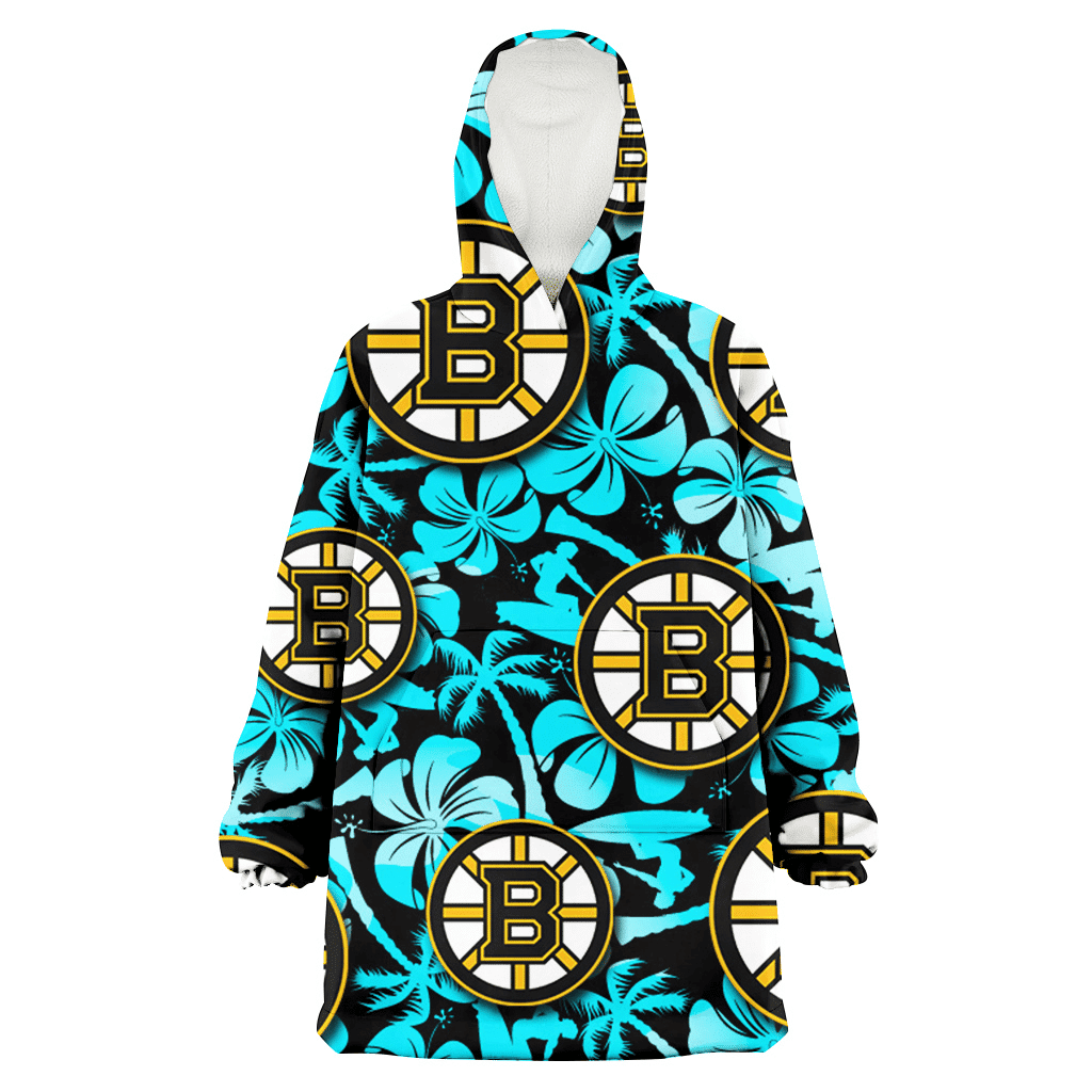 Boston Bruins Blue Hibiscus Blue Coconut Tree Black Background 3D Printed Hoodie Blanket Snug Hoodie