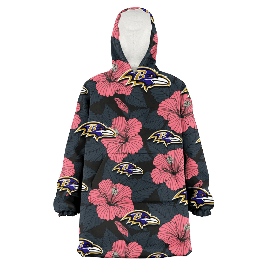 Baltimore Ravens Light Coral Hibiscus Gray Leaf Black Background 3D Printed Hoodie Blanket Snug Hoodie