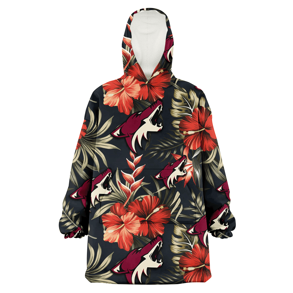 Arizona Coyotes Red Hibiscus Green Leaf Dark Background 3D Printed Hoodie Blanket Snug Hoodie