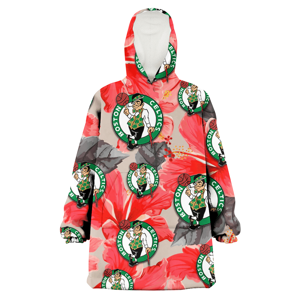 Boston Celtics Red Hibiscus Gray Leaf Beige Background 3D Printed Hoodie Blanket Snug Hoodie