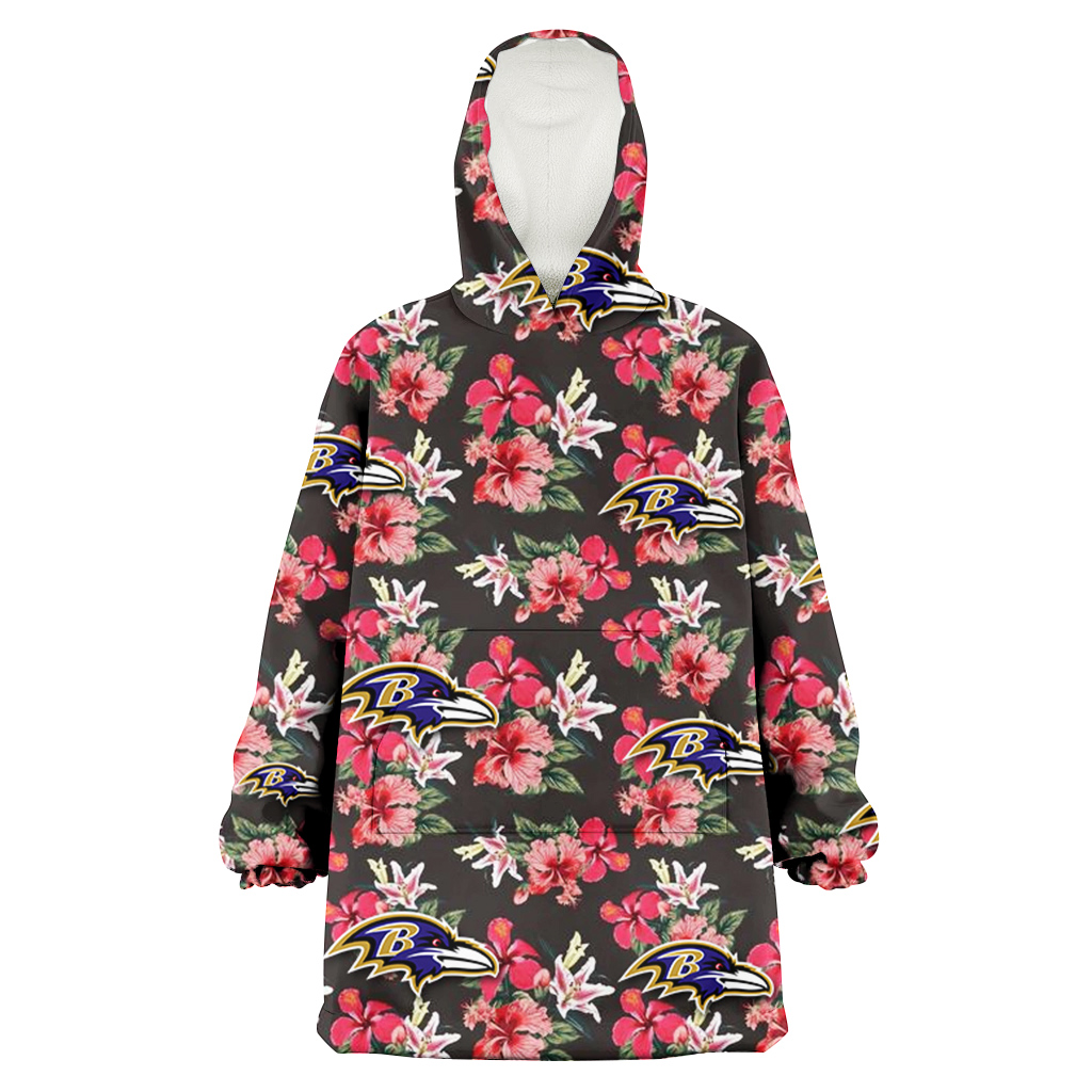 Baltimore Ravens Pink Hibiscus Orchid Brown Background 3D Printed Hoodie Blanket Snug Hoodie