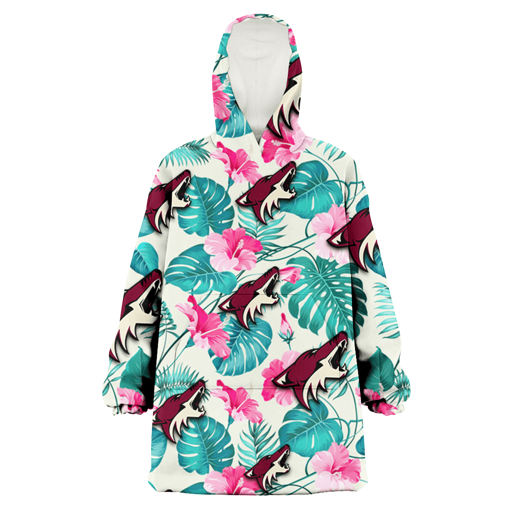 Arizona Coyotes Pink Hibiscus Green Leaf Beige Background 3D Printed Hoodie Blanket Snug Hoodie