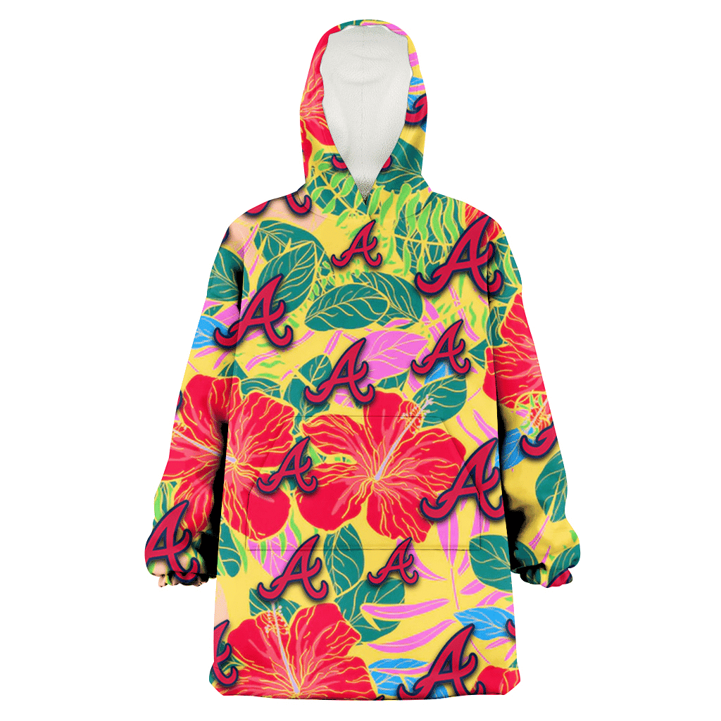 Atlanta Braves Red Hibiscus Green Blue Leaf Yellow Background 3D Printed Hoodie Blanket Snug Hoodie