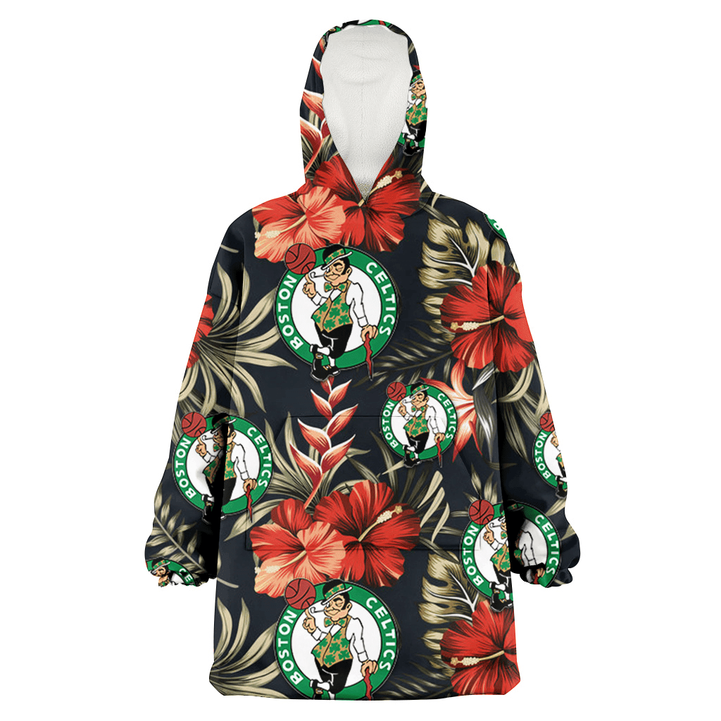 Boston Celtics Red Hibiscus Green Leaf Dark Background 3D Printed Hoodie Blanket Snug Hoodie