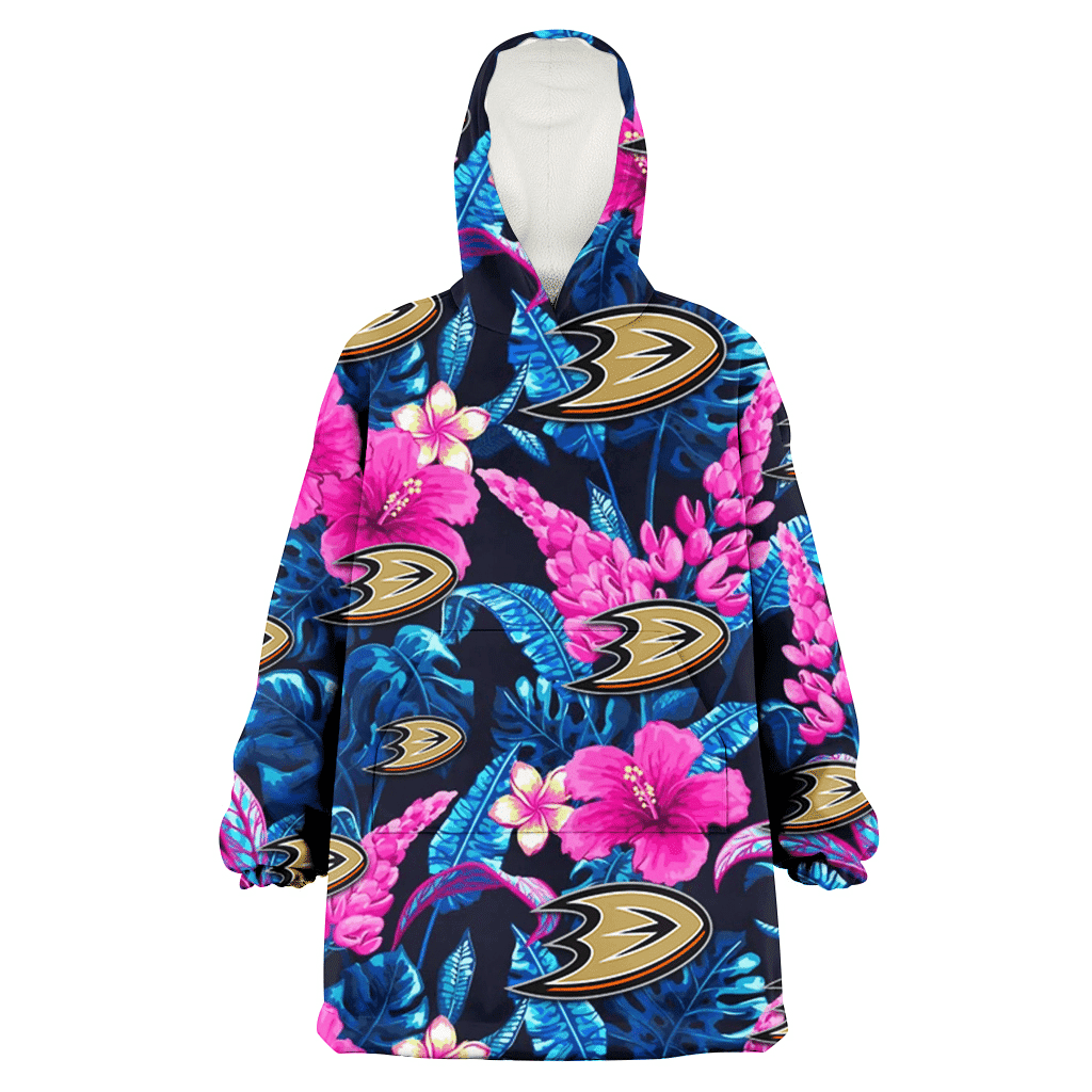 Anaheim Ducks Violet Red Hibiscus Blue Leaf Black Background 3D Printed Hoodie Blanket Snug Hoodie