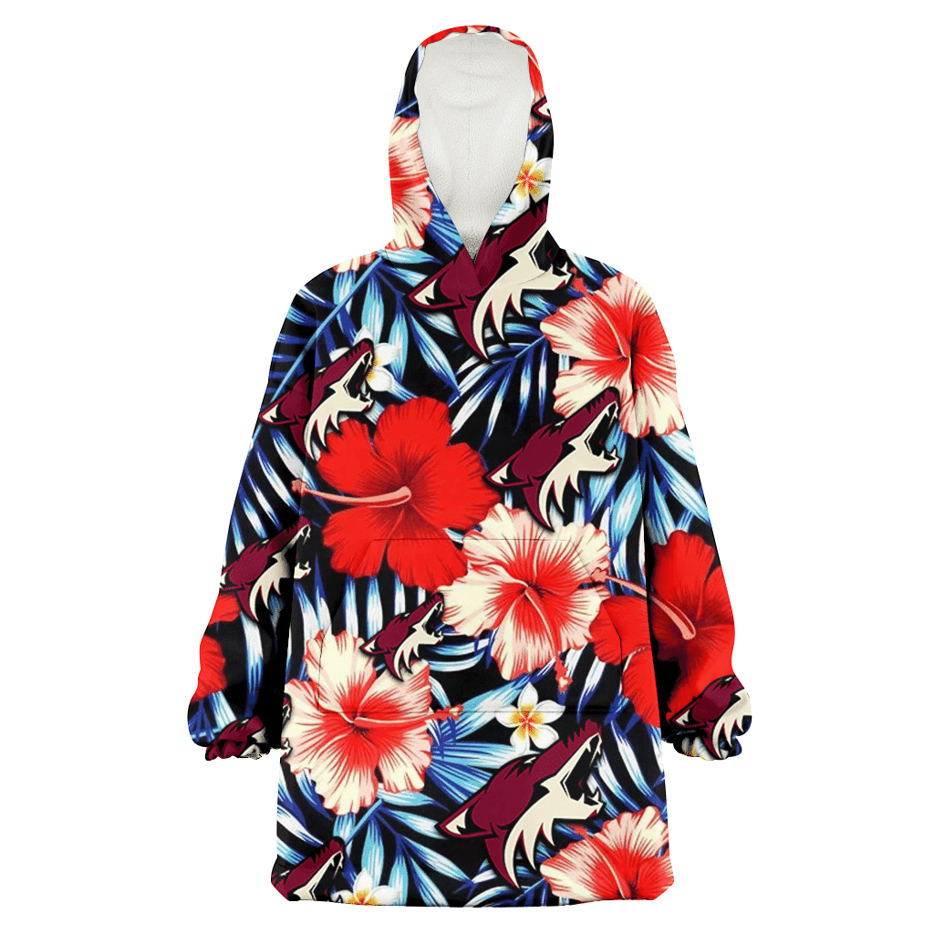 Arizona Coyotes Coral Red Hibiscus Blue Palm Leaf Black Background 3D Printed Hoodie Blanket Snug Hoodie