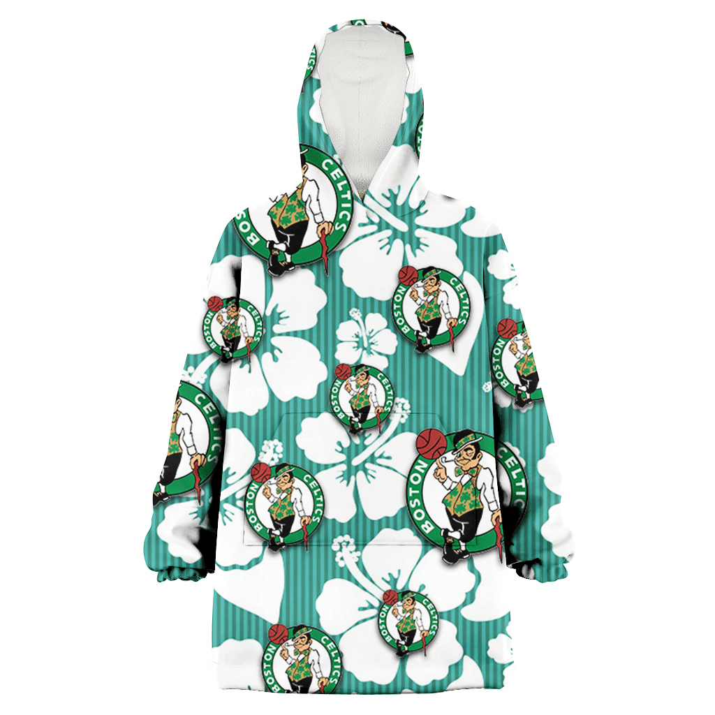 Boston Celtics White Hibiscus Turquoise Stripe Background 3D Printed Hoodie Blanket Snug Hoodie