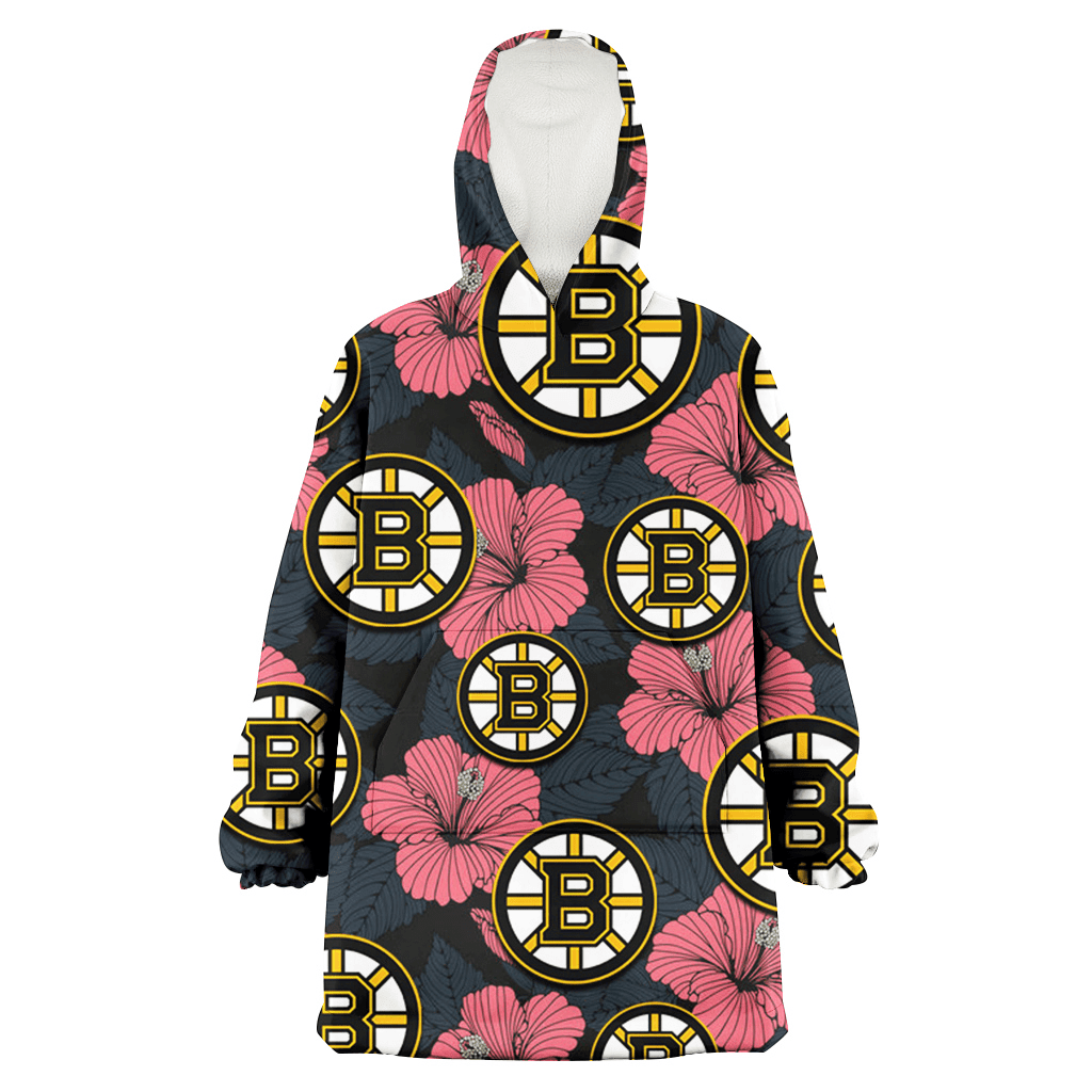 Boston Bruins Light Coral Hibiscus Gray Leaf Black Background 3D Printed Hoodie Blanket Snug Hoodie