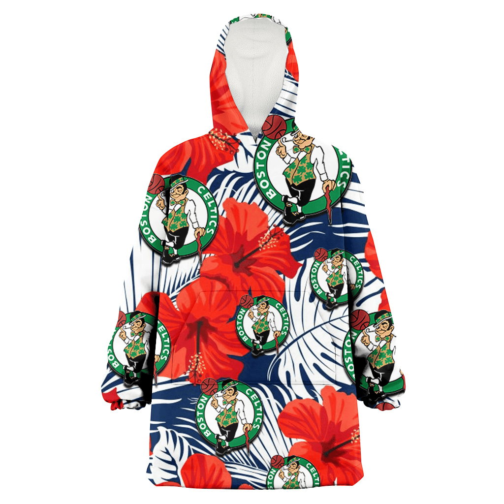 Boston Celtics White Tropical Leaf Red Hibiscus Navy Background 3D Printed Hoodie Blanket Snug Hoodie