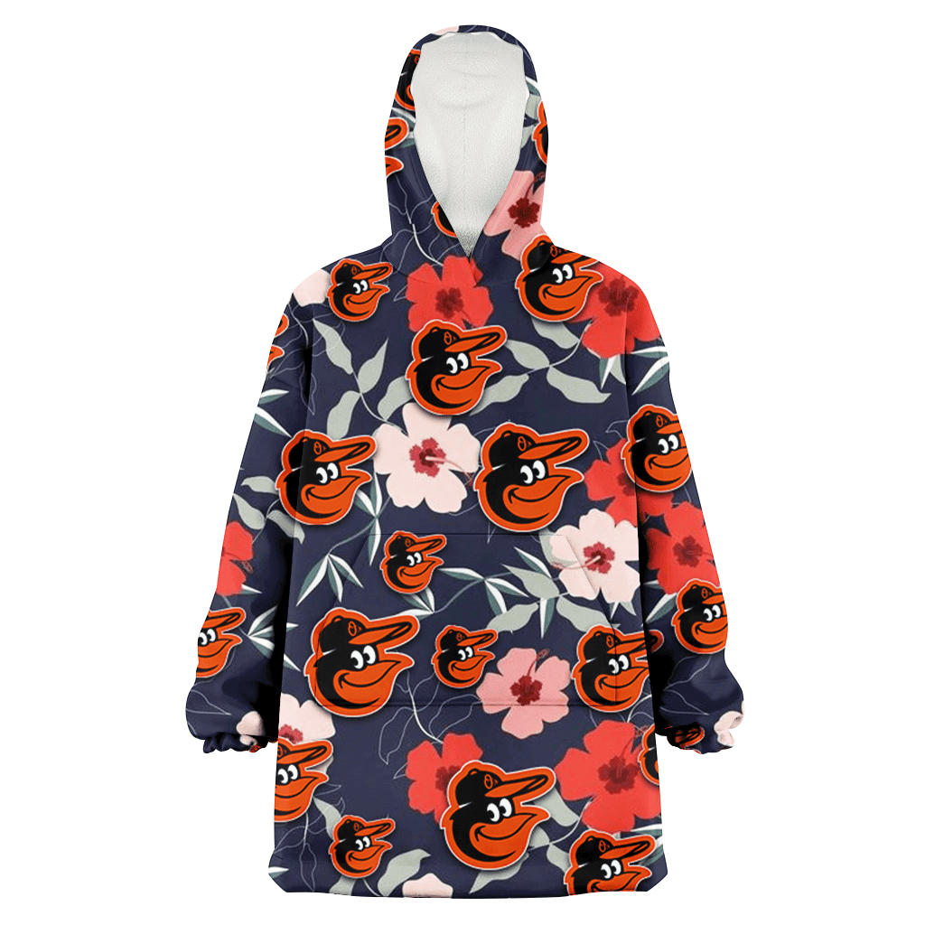 Baltimore Orioles Red Pink White Hibiscus Black Background 3D Printed Hoodie Blanket Snug Hoodie