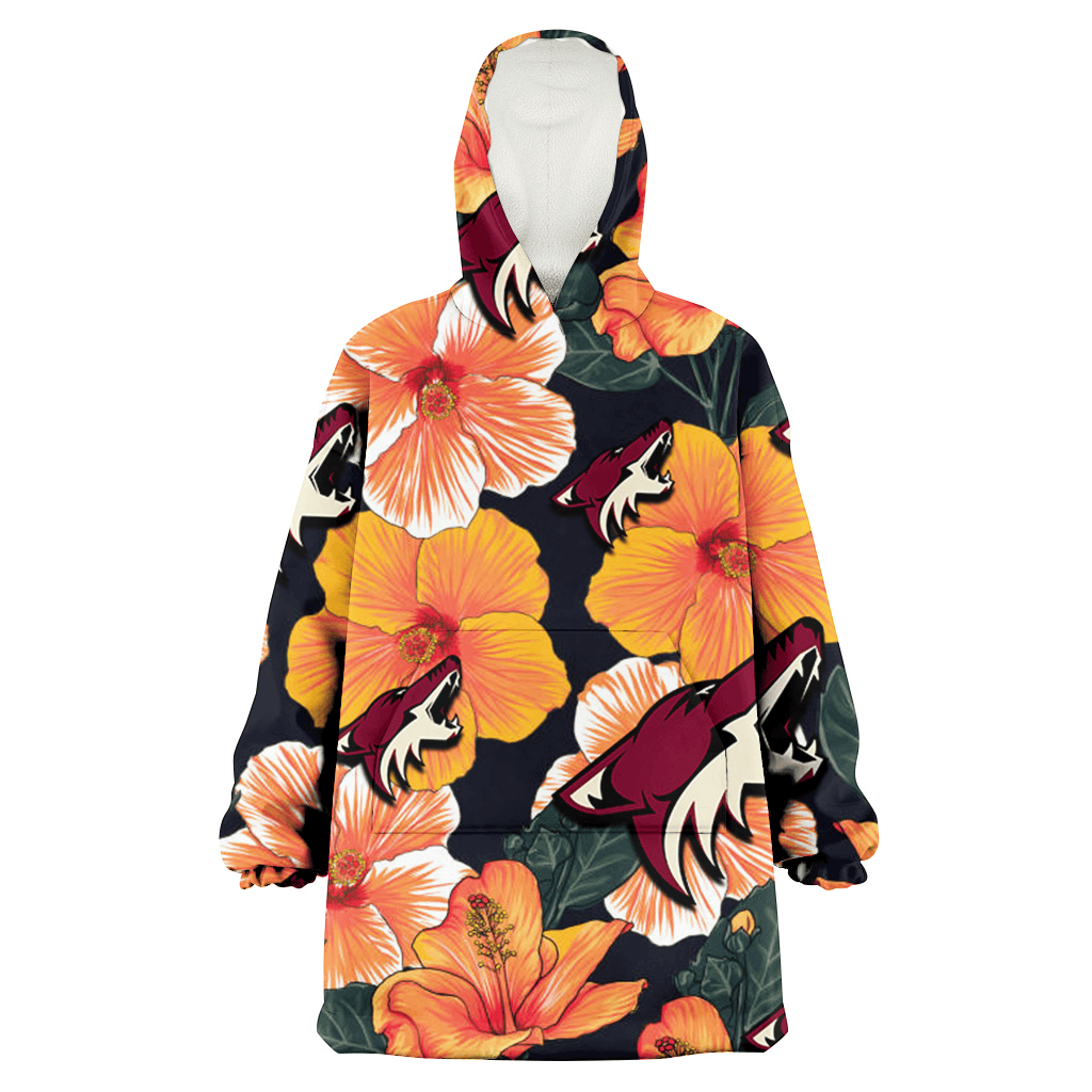 Arizona Coyotes Orange Hibiscus Dark Green Leaf Black Background 3D Printed Hoodie Blanket Snug Hoodie