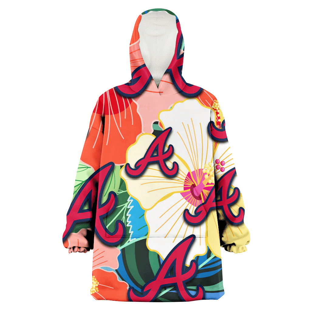 Atlanta Braves Orange White Tropical Hibiscus Green Leaf 3D Printed Hoodie Blanket Snug Hoodie