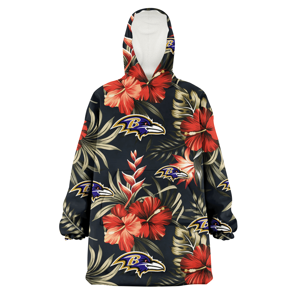 Baltimore Ravens Red Hibiscus Green Leaf Dark Background 3D Printed Hoodie Blanket Snug Hoodie