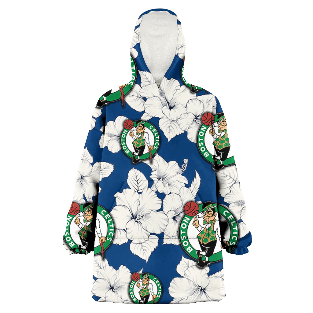Boston Celtics White Big Hibiscus Blue Background 3D Printed Hoodie Blanket Snug Hoodie
