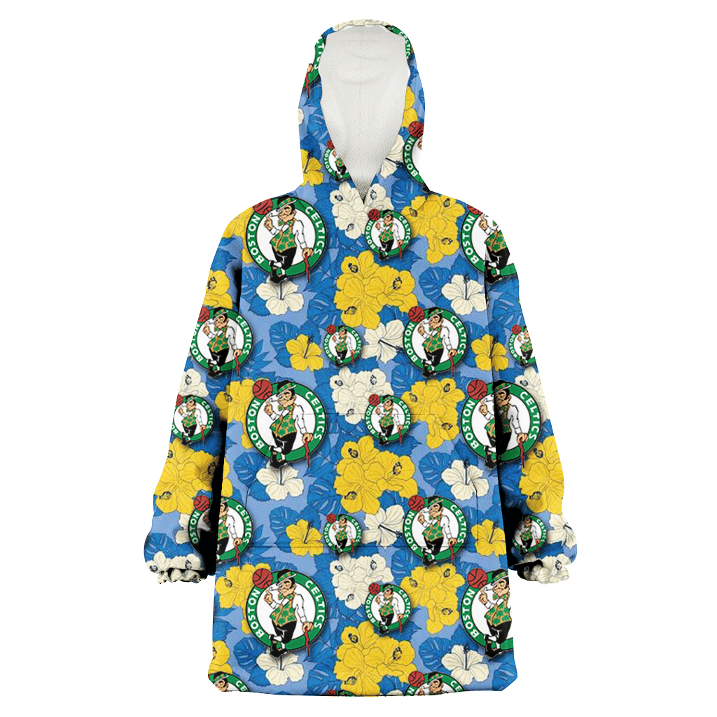 Boston Celtics Yellow White Hibiscus Powder Blue Background 3D Printed Hoodie Blanket Snug Hoodie