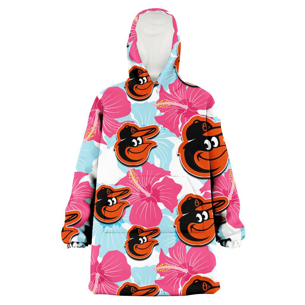 Baltimore Orioles Pink Blue Hibiscus White Background 3D Printed Hoodie Blanket Snug Hoodie