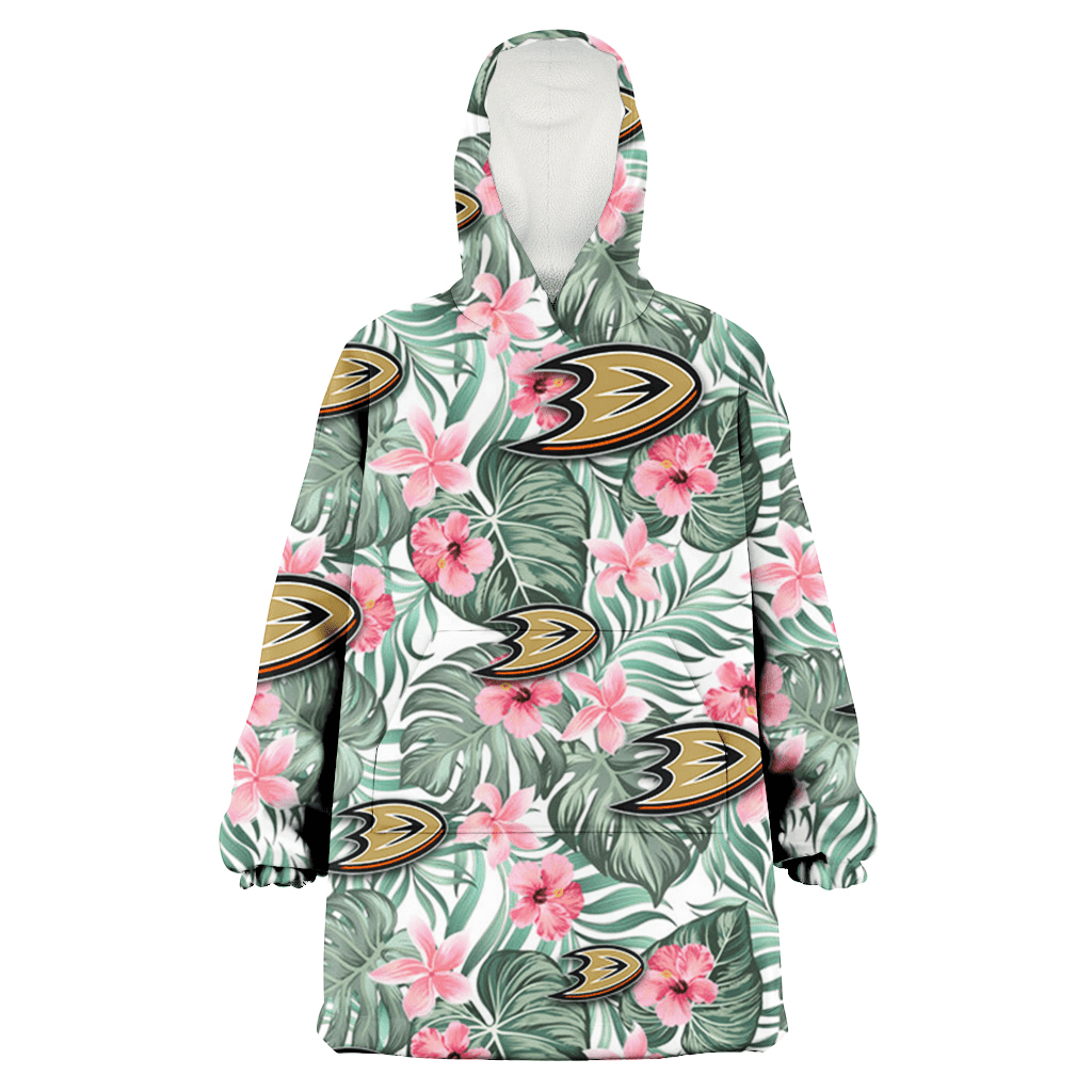 Anaheim Ducks Pink Hibiscus Porcelain Flower Tropical Leaf White Background 3D Printed Hoodie Blanket Snug Hoodie