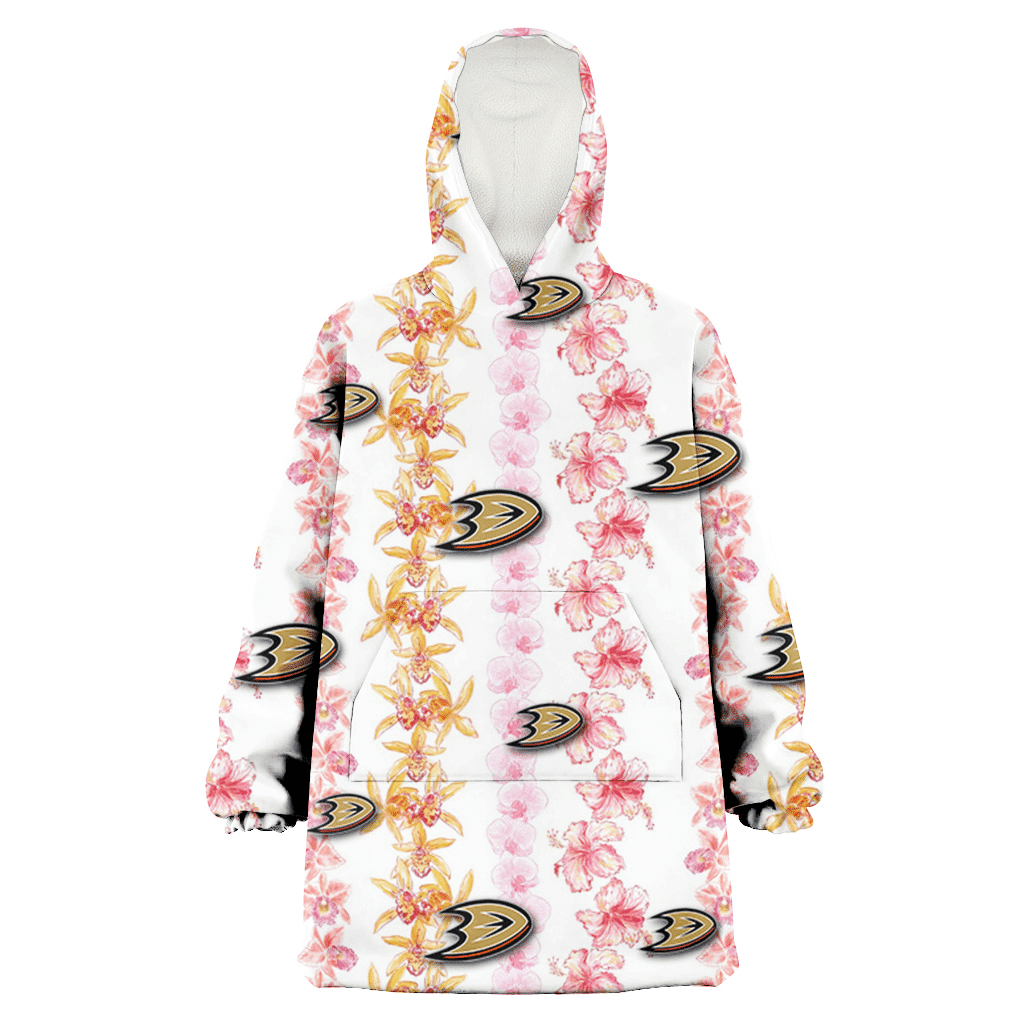 Anaheim Ducks Pink Hibiscus Yellow Pink Orchid White Background 3D Printed Hoodie Blanket Snug Hoodie