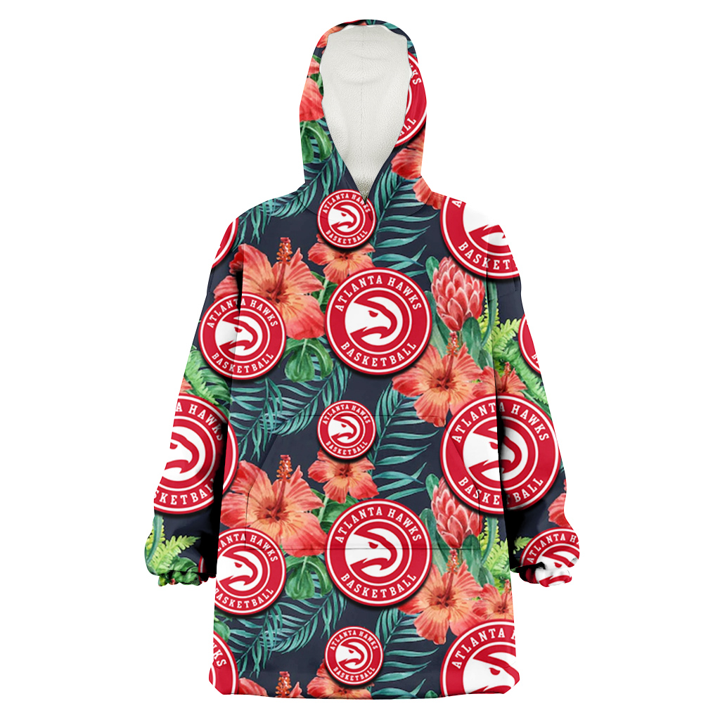 Atlanta Hawks Orange Hibiscus Green Tropical Leaf Dark Background 3D Printed Hoodie Blanket Snug Hoodie