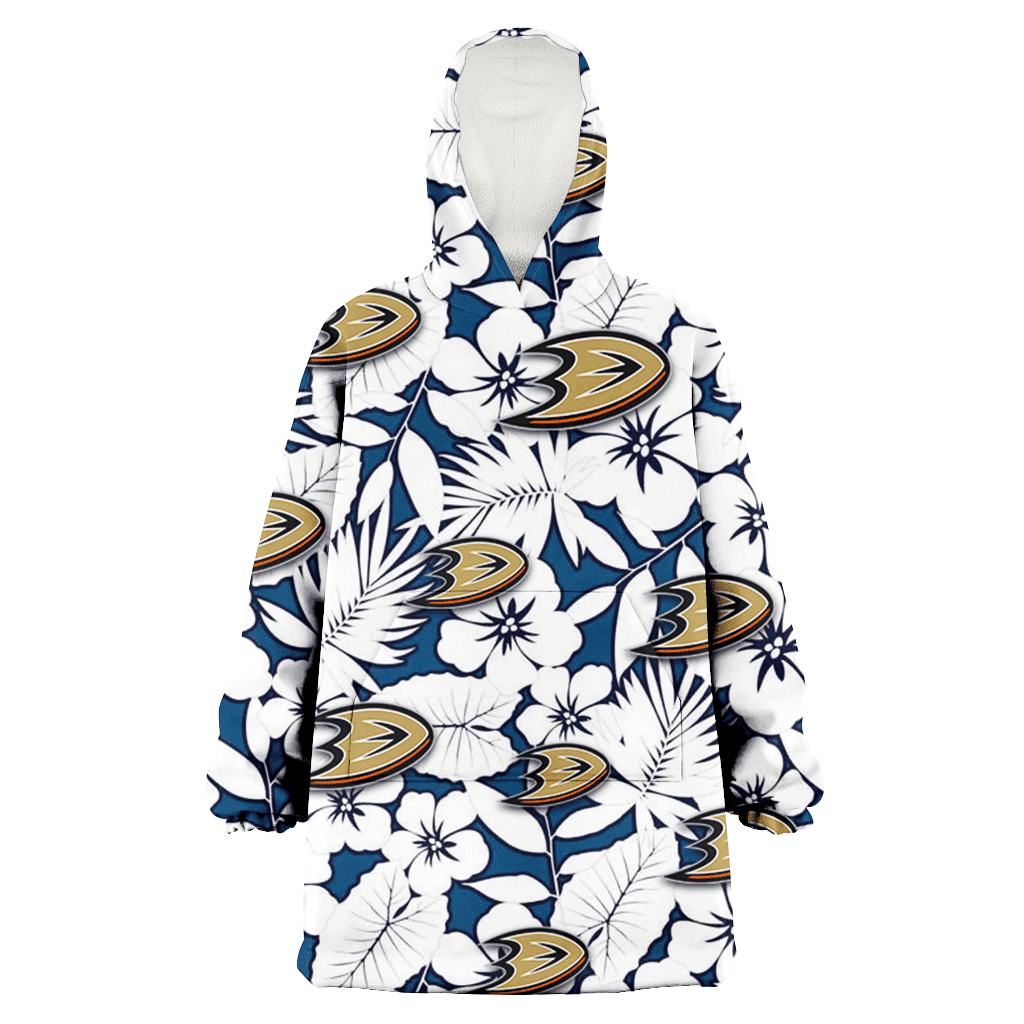 Anaheim Ducks White Hibiscus And Leaves Blue Background 3D Printed Hoodie Blanket Snug Hoodie