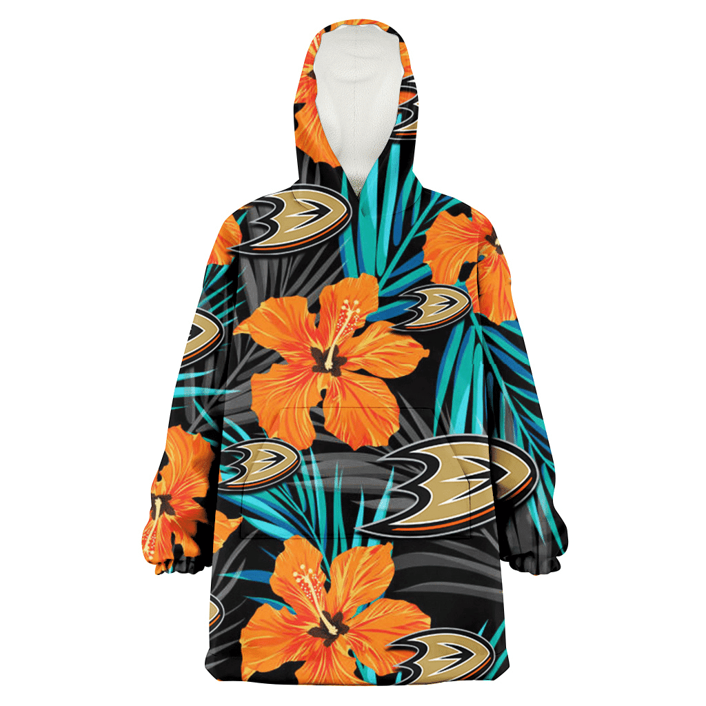 Anaheim Ducks Orange Hibiscus Blue Gray Leaf Black Background 3D Printed Hoodie Blanket Snug Hoodie