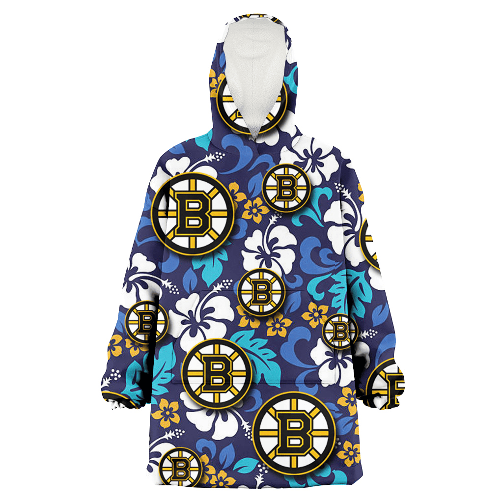 Boston Bruins White Hibiscus Ceramic Style Navy Background 3D Printed Hoodie Blanket Snug Hoodie