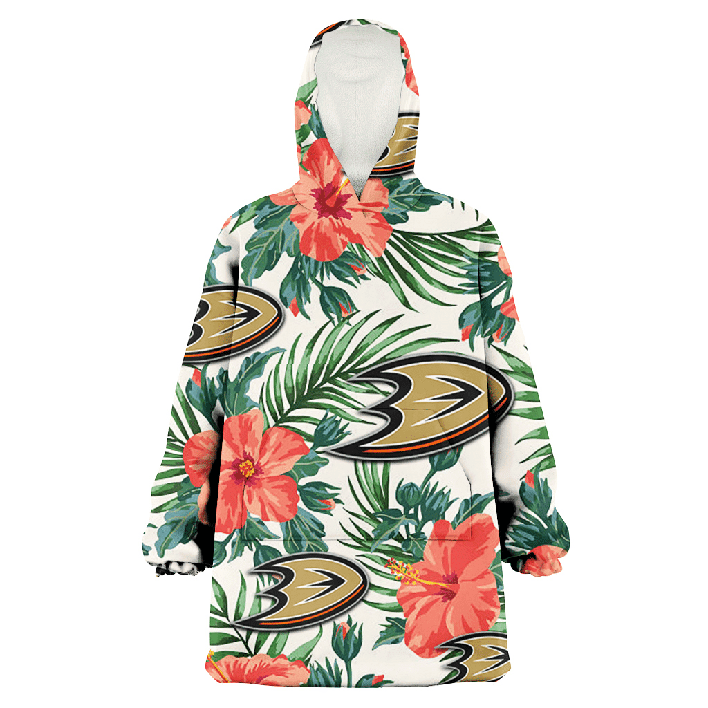 Anaheim Ducks Coral Hibiscus Green Leaf Beige Background 3D Printed Hoodie Blanket Snug Hoodie