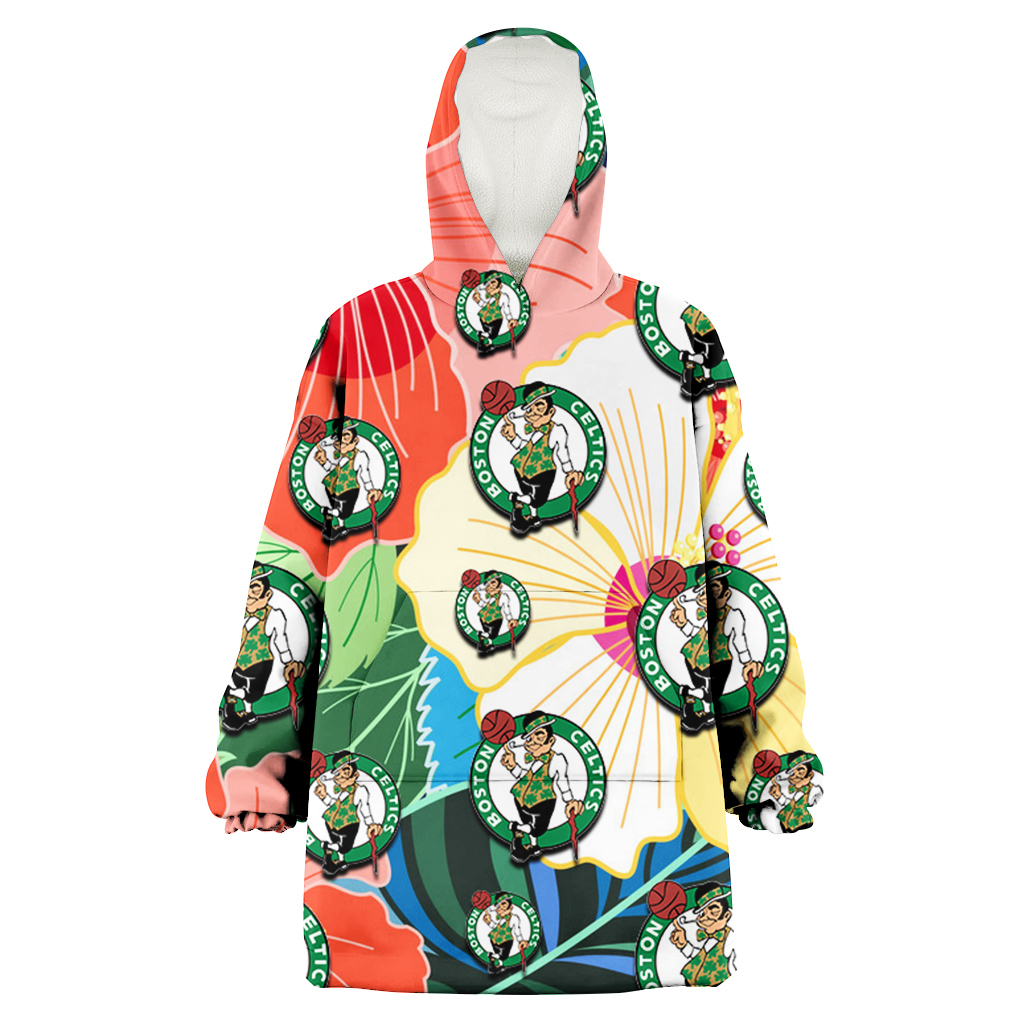Boston Celtics Orange White Tropical Hibiscus Green Leaf 3D Printed Hoodie Blanket Snug Hoodie