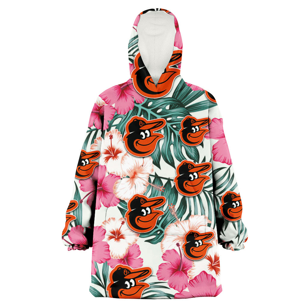 Baltimore Orioles Coral Pink Hibiscus Green Leaf Beige Background 3D Printed Hoodie Blanket Snug Hoodie