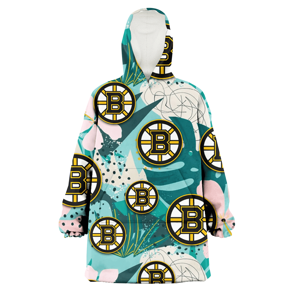 Boston Bruins Pastel Hibiscus Palm Leaf Tiny Dot Green Background 3D Printed Hoodie Blanket Snug Hoodie