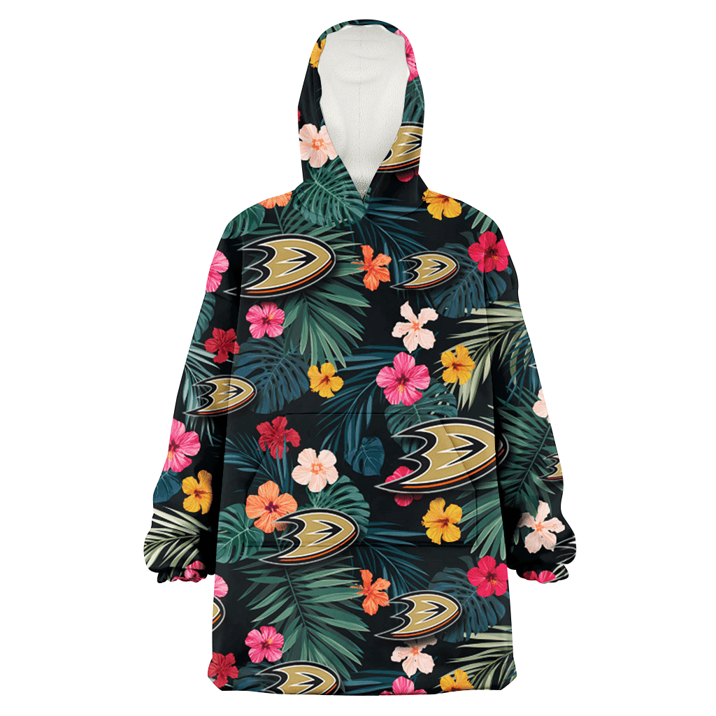 Anaheim Ducks Pink Yellow Orange Hibiscus Big Tropical Leaf Black Background 3D Printed Hoodie Blanket Snug Hoodie