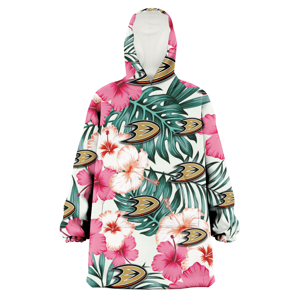 Anaheim Ducks Coral Pink Hibiscus Green Leaf Beige Background 3D Printed Hoodie Blanket Snug Hoodie