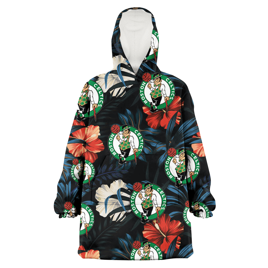 Boston Celtics Red And White Hibiscus Dark Leaf Black Background 3D Printed Hoodie Blanket Snug Hoodie