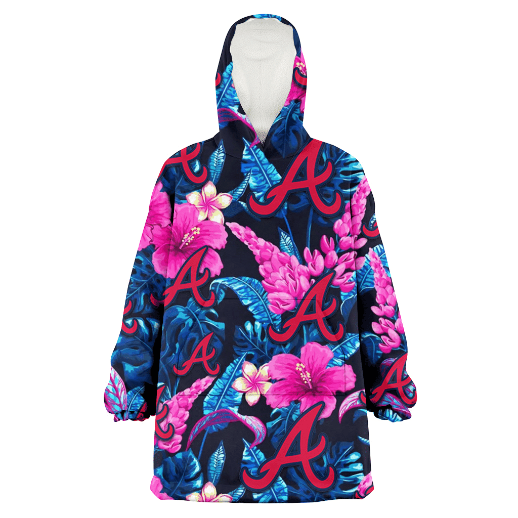 Atlanta Braves Violet Red Hibiscus Blue Leaf Black Background 3D Printed Hoodie Blanket Snug Hoodie