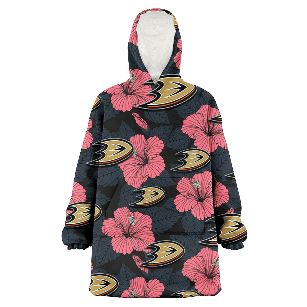 Anaheim Ducks Light Coral Hibiscus Gray Leaf Black Background 3D Printed Hoodie Blanket Snug Hoodie