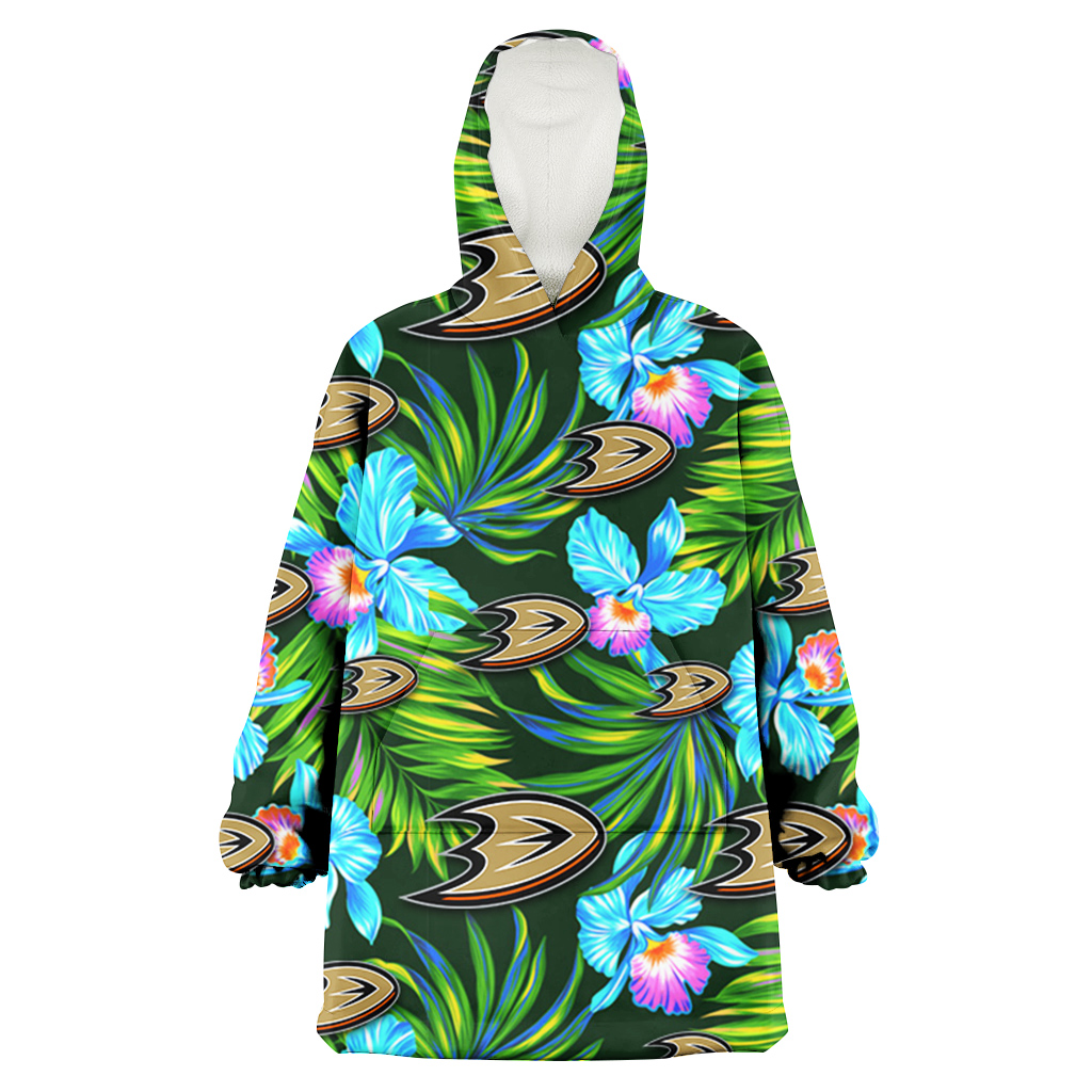 Anaheim Ducks Electro Color Hibiscus Black Background 3D Printed Hoodie Blanket Snug Hoodie