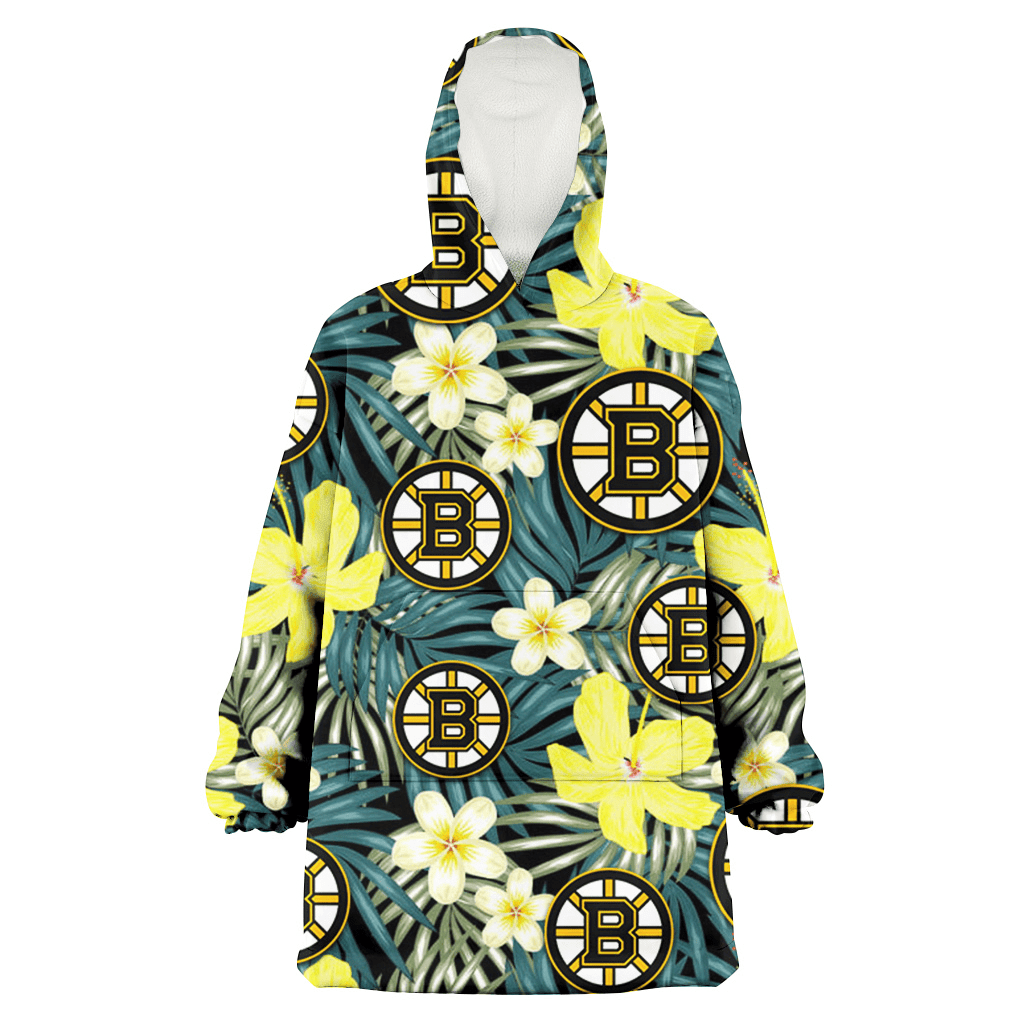 Boston Bruins Hibiscus Green Palm Leaf Black Background 3D Printed Hoodie Blanket Snug Hoodie