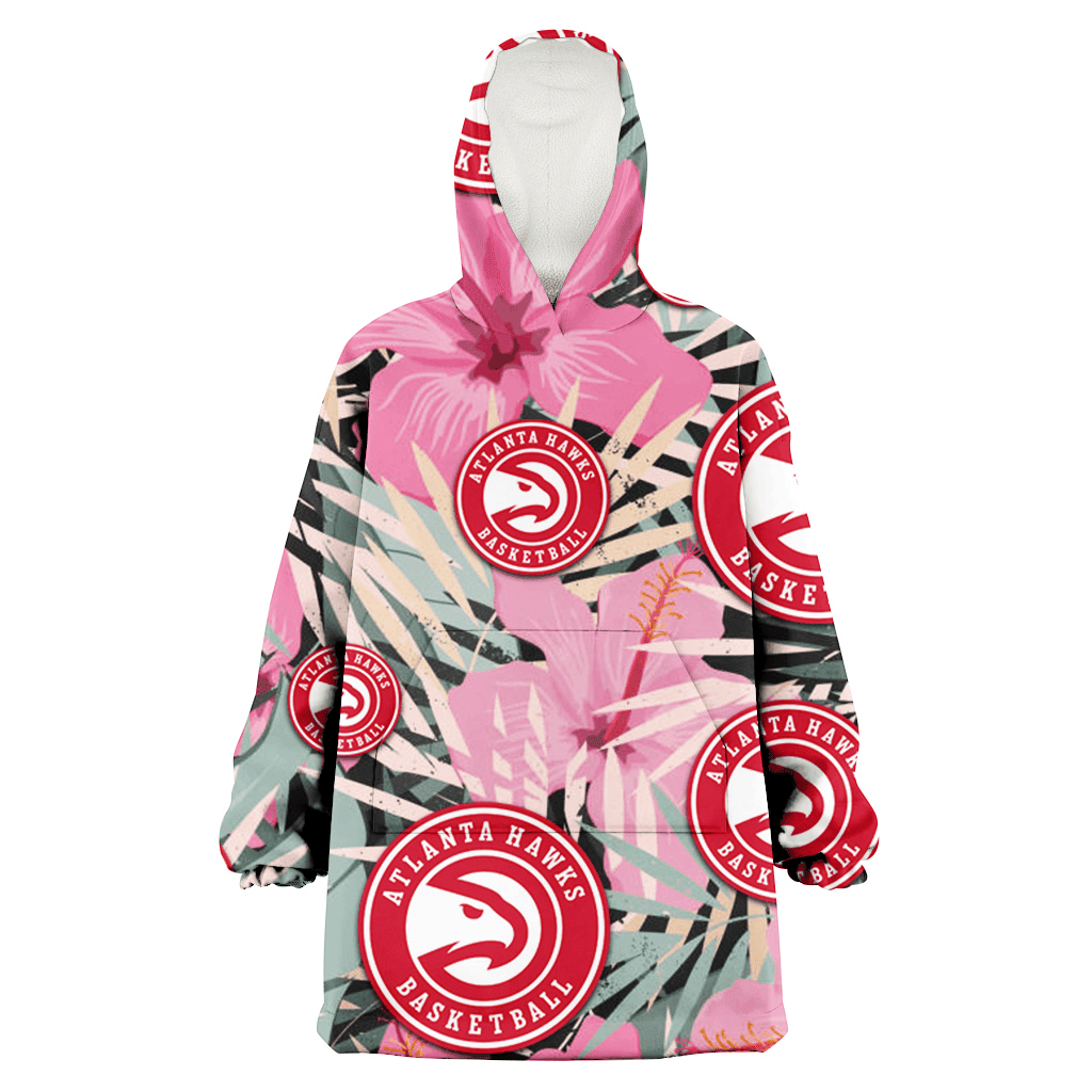 Atlanta Hawks Light Pink Hibiscus Pale Green Leaf Black Background 3D Printed Hoodie Blanket Snug Hoodie