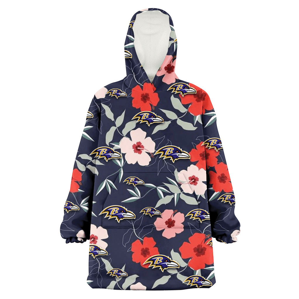 Baltimore Ravens Red Pink White Hibiscus Black Background 3D Printed Hoodie Blanket Snug Hoodie
